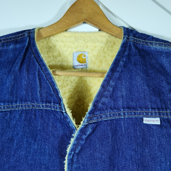Carhartt Vintage Sherpa Lined Snap Front Denim Vest Blue | Men's Size Large Tall - Picture 2 of 8